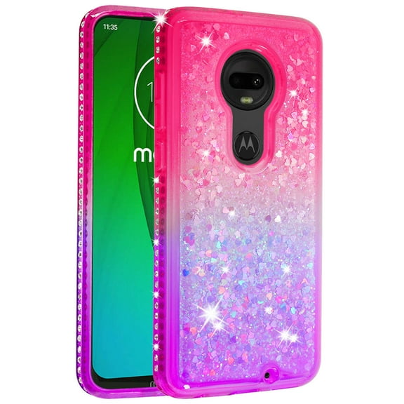 FIEWESEY For Motorola G7 Phone Case Moto G7 Plus Glitter Case Sparkle Glitter Flowing Liquid Quicksand with Shiny Bling Diamond Women Girls Cute Case For Motorola G7 / Moto G7 Plus - Pink+Purple