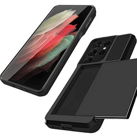 FIEWESEY for Galaxy S21 Ultra Phone Case,Ultra-Thin Sliding Credit Card Slot, Full Body Protective Shell, Scratch-Resistant Shock-Proof Protective Cover for Samung Galaxy S21 Ultra 6.8 Inch (Black)