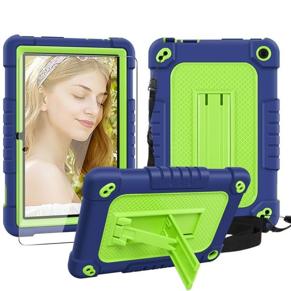 FIEWESEY Kids Case for Amazon All-New Fire 7 Tablet (12th Gen,2022 Release),Shockproof Kids Rugged Case with Shoulder Strap Case for Fire 7 Tablet 2022 Release+Screen Protector(Navy+Green,1 Pcs)