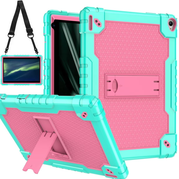 FIEWESEY Kids Case for Coopers Tablet CP10 Tablet,Heavy Duty Shoulder Strap & Kickstand Shockproof Kids Friendly Rugged Case for Coopers Tablet CP10 / YQSAVIOR 10 inch Tablet(Green/Pink)