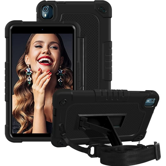 FIEWESEY Kids Case for Nokia T10 8 Inch Tablet,Shockproof Kids Friendly Rugged Cover with Shoulder Strap & Kickstand Hybird Case for Nokia T10 8 Inch Tablet 2022 Released Tablet (Black/Black)
