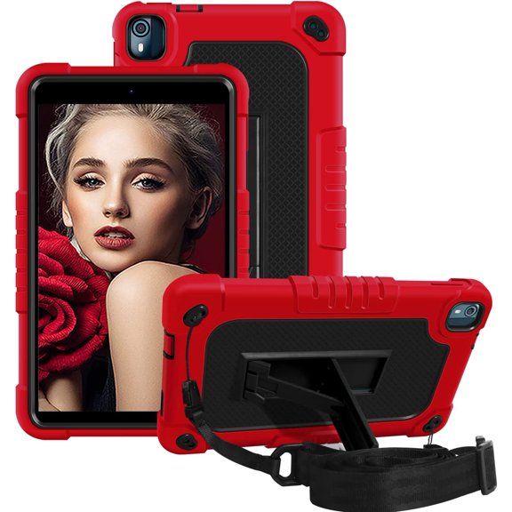 FIEWESEY Kids Case for Nokia T10 8 Inch Tablet,Shockproof Kids Friendly Rugged Cover with Shoulder Strap & Kickstand Hybird Case for Nokia T10 8 Inch Tablet 2022 Released Tablet (Red/Black)