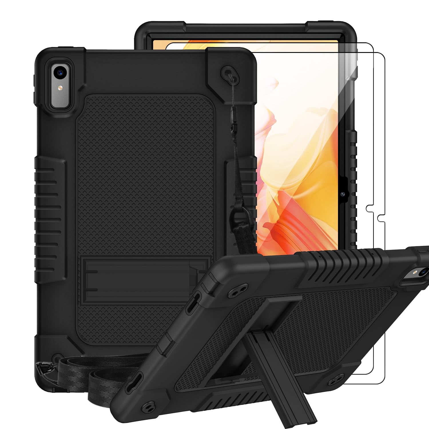 FIEWESEY for Lenovo Tab P11 2nd Gen Tablet Case,Shoulder Strap Soft  Silicone&Hard Back Shockproof Kids Friendly Case for Lenovo Tab P11 2nd Gen  11.5 inch+Screen Protector(Black/Black,2 Pcs)