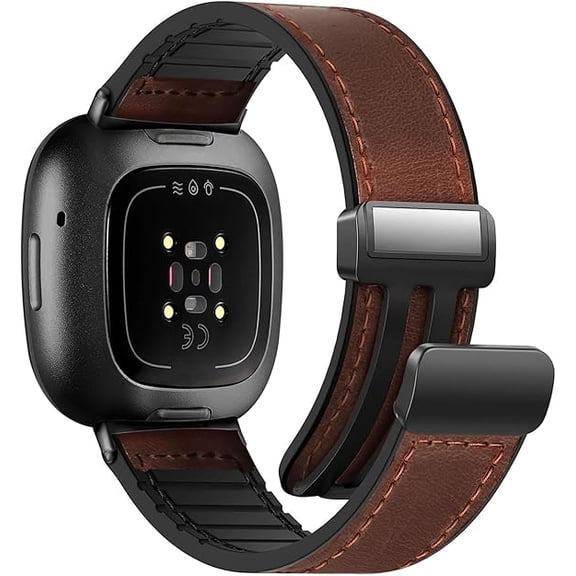 FIEWESEY Magnetic Leather Bands Compatible with Versa 4/Versa 3/Sense 2/Sense, Magnetic Clasp Wristband Accessory, Adjustable Soft Replacement SmartWatch Strap for Men and Women - DARKBROWN