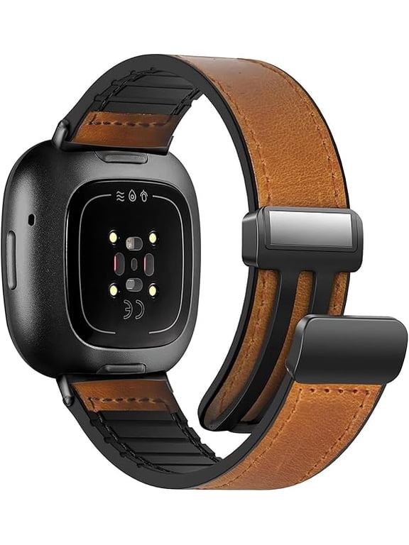 Magnetic Leather Bands Compatible with Versa 4/Versa 3/Sense 2/Sense, Magnetic Clasp Wristband Accessory, Adjustable Soft Replacement SmartWatch Strap for Men and Women - LIGHTBROWN