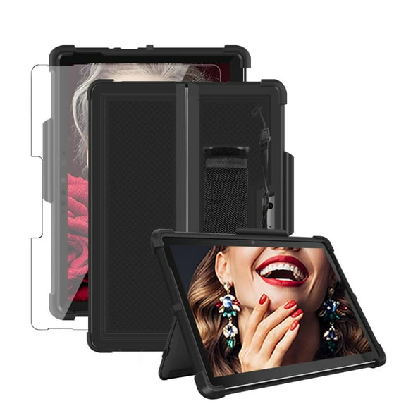 FIEWESEY for Microsoft Surface Go 4(2024) Case, Shockproof Protective Cover Case with Pen Holder Hand Strap for Microsoft Surface Go 3 2021/Go 2 2020/Go 2018+Screen Protector(Black/Black,1 Pc)