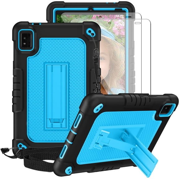 FIEWESEY for Moxee Tablet 2 Kids Case 8 inch ,Shockproof Kids Rugged Case with Shoulder Strap Case for Moxee 8 inch (Model:MT-T8B22) 2022 Released Tablet+Screen Protector (Black/Blue,2 Pcs)