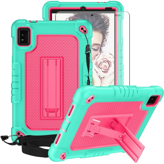 FIEWESEY for Moxee Tablet 2 Kids Case 8 inch ,Shockproof Kids Rugged Case with Shoulder Strap Case for Moxee 8 inch (Model:MT-T8B22) 2022 Released Tablet+Screen Protector (Green/Pink,1 Pcs)
