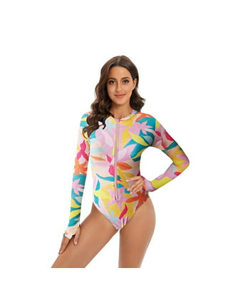 FAFWYP Womens Plus Size Long Sleeve One Piece Bathing Suit Hawaiian Print  Tummy Control Swimsuit Casual Monokini Beachwear Swimwear Set