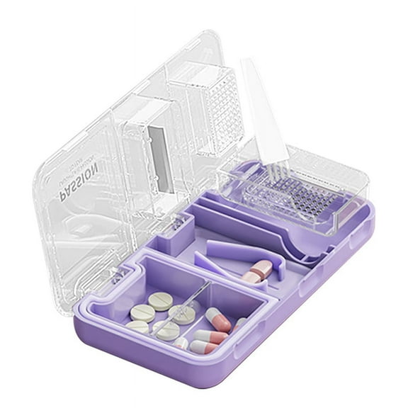 FIEWESEY Pill Crusher Cutter Splitter,3 in 1 Multi-Functional Pill Cutter Crusher, Portable Travel Purse Pill Box Case Holder, Medicine Grinder Container for Cutting Vitamin Tablet - Purple