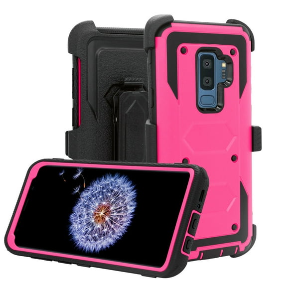 FIEWESEY  Rugged Holster Cover[Full Body] [Heavy Duty Protection ] Bumper Case [Belt Swivel Clip] + [Kickstand] for Samsung Galaxy S9 5.8 inch(Pink)