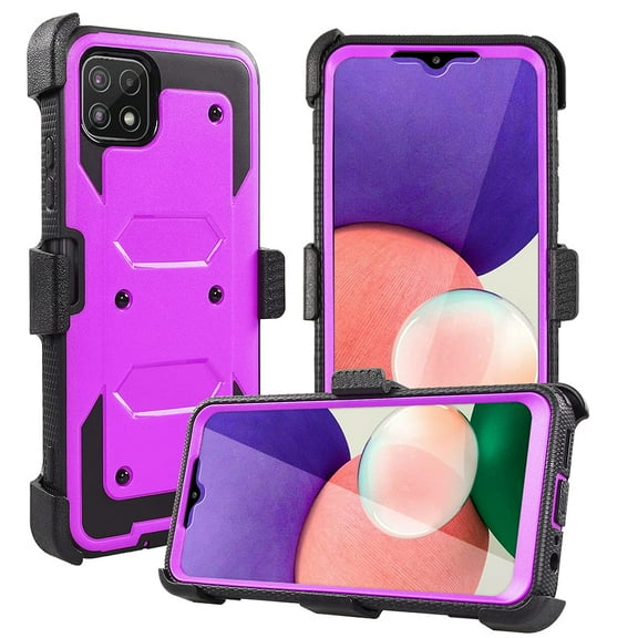 FIEWESEY for Samsung Galaxy A22 5G Case,Heavy Duty High Impact Resistant Armor Holster Defender Case with Kickstand+Swivel Belt Clip Holster Built-in Screen Protector for Samsung Galaxy A22(Purple)