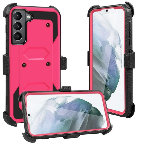 FIEWESEY for Samsung Galaxy S22 Phone Case,Heavy Duty Shock-Absorption/High Impact Resistant Armor Holster Defender Case with Kickstand + Swivel Belt Clip Holster for Samsung Galaxy S22(Pink)