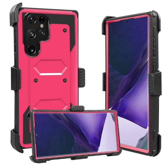 FIEWESEY for Samsung Galaxy S22 Ultra Case,Heavy Duty High Impact Resistant Armor Holster Defender Case with Kickstand + Swivel Belt Clip Holster for Samsung Galaxy S22 Ultra(Pink)