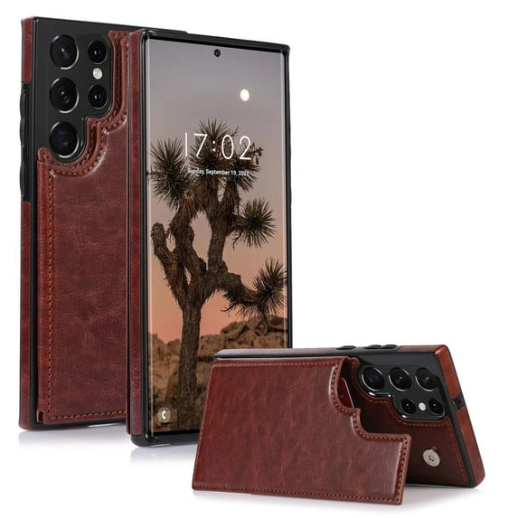 FIEWESEY for Samsung Galaxy S22 Ultra Wallet Case with Card Holder, PU Leather Kickstand Card Slots Case, Double Magnetic Clasp Durable Shockproof Cover for Samsung Galaxy S22 Ultra(Brown)