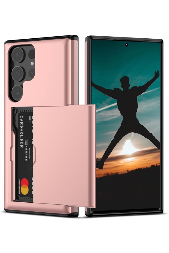 for Samsung Galaxy S24 S24 Plus S24 Ultra Case , Dual Layer Protective Shockproof Pocket Credit Card License Rugged Sturdy Shell Slide Wallet Case for Samsung Galaxy S24 Plus, Rose Gold