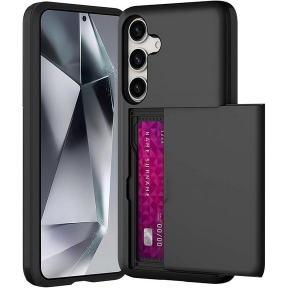 FIEWESEY for Samsung Galaxy S24 S24 Plus S24 Ultra Case, Dual Layer Protective Shockproof Pocket Credit Card License Rugged Sturdy Shell Slide Wallet Phone Case for Samsung Galaxy S24,Black