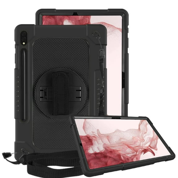 FIEWESEY for Samsung Galaxy Tab S8 Plus Tablet Case,Adjustable Shoulder Strap Hand Strap Rotatable Stand Kids Shockproof Cover for Samsung Galaxy Tab S8 Plus/S7 FE/S7 Plus 12.4 inch(Black/Black)