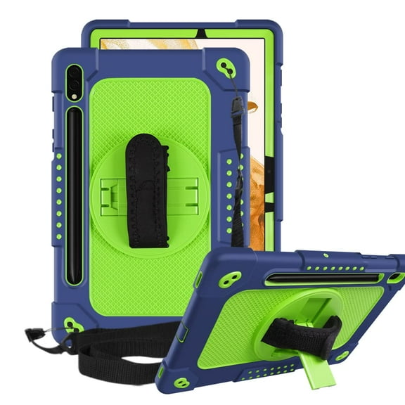 FIEWESEY for Samsung Galaxy Tab S8 Tablet Case,Adjustable Shoulder Strap Hand Strap Rotatable Stand Kids Shockproof Protective Case for Samsung Galaxy Tab S8/Galaxy Tab S7 11 Inch(Navy/Green)