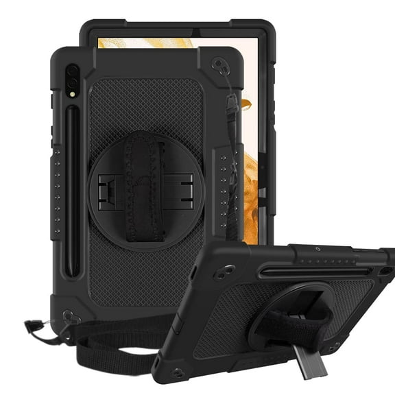 FIEWESEY for Samsung Galaxy Tab S8 Tablet Case,Adjustable Shoulder Strap Hand Strap Rotatable Stand Kids Shockproof Protective Case for Samsung Galaxy Tab S8/Galaxy Tab S7 11 Inch(Black/Black)