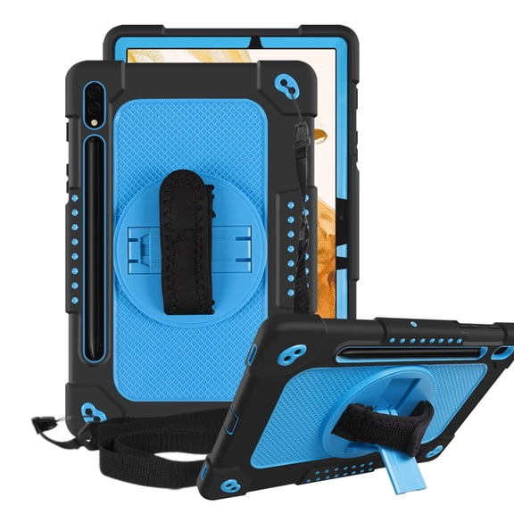 FIEWESEY for Samsung Galaxy Tab S8 Tablet Case,Adjustable Shoulder Strap Hand Strap Rotatable Stand Kids Shockproof Protective Case for Samsung Galaxy Tab S8/Galaxy Tab S7 11 Inch(Black/Blue)