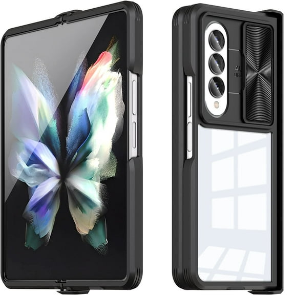 FIEWESEY for Samsung Galaxy Z Fold 4 5G Case,Slide Camera Cover Full Body Case,Clear Back Cover Soft TPU Shockproof PC Anti-Scratches Case for Samsung Galaxy Z Fold 4 5G (Black)