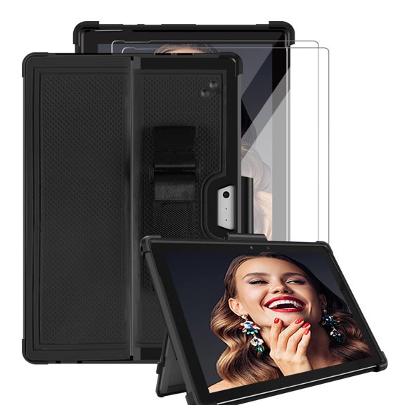 FIEWESEY Shockproof Rugged Protective Cover Case with Pen Holder Hand Strap,Compatible with Type Cover Keyboard,for Microsoft Surface Pro 7 Plus/Pro 7 6 5 4 +Screen Protector(Black/Black,2 Pcs)