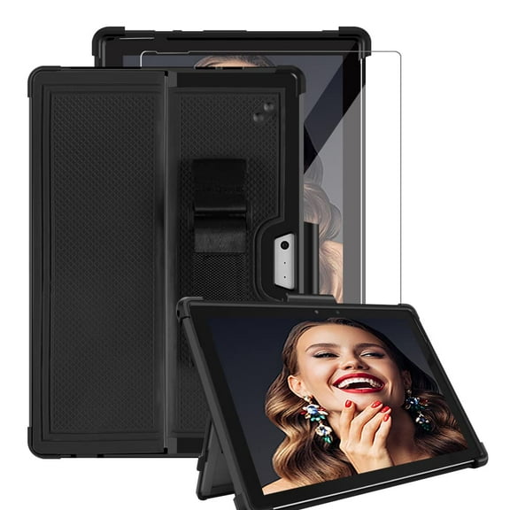 FIEWESEY Shockproof Rugged Protective Cover Case with Pen Holder Hand Strap,Compatible with Type Cover Keyboard,for Microsoft Surface Pro 7 Plus/Pro 7 6 5 4 +Screen Protector(Black/Black,1 Pcs)