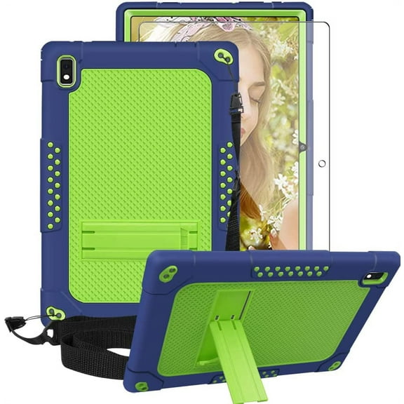 FIEWESEY Shoulder Strap Soft Silicone&Hard Back Shockproof Kids Friendly Case for Vastking KingPad K10/K10 Pro/Z10/BYYBUO SmartPad A10/Oangcc 10.1" Tablet+Screen Protector(Navy/Green,1 Pcs)