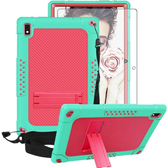 FIEWESEY Shoulder Strap Soft Silicone&Hard Back Shockproof Kids Friendly Case for Vastking KingPad K10/K10 Pro/Z10/BYYBUO SmartPad A10/Oangcc 10.1" Tablet+Screen Protector(Green/Pink,1 Pcs)