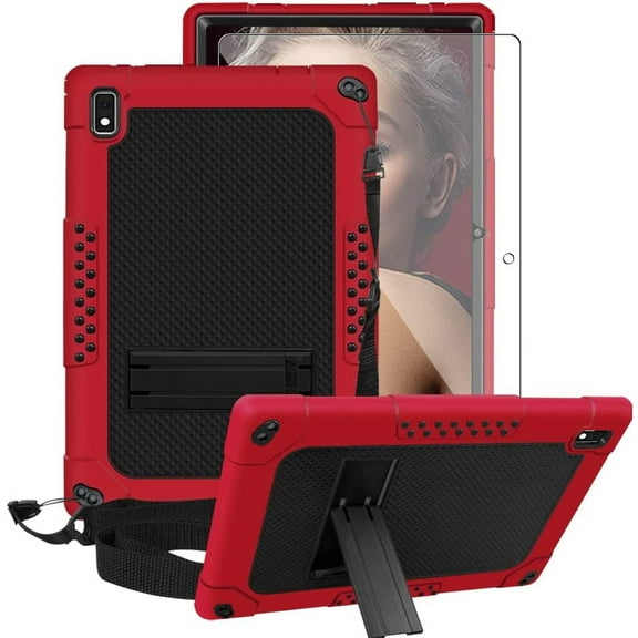 FIEWESEY Shoulder Strap Soft Silicone&Hard Back Shockproof Kids Friendly Case for Vastking KingPad K10/K10 Pro/Z10/BYYBUO SmartPad A10/Oangcc 10.1" Tablet+Screen Protector(Red/Black,1 Pcs)