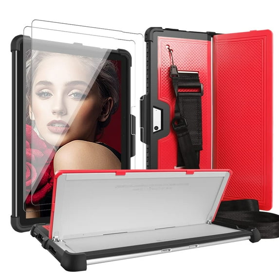 FIEWESEY for Surface Pro 8 Case,Shockproof Rugged Protective Case with Pen Holder Hand Strap,Compatible with Type Cover Keyboard for Microsoft Surface Pro 8 13 Inch+Screen Protector(Red/Black,2 Pcs)