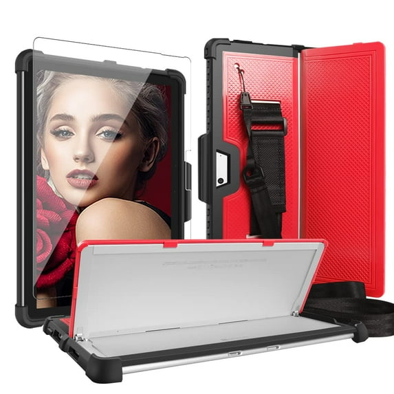 FIEWESEY for Surface Pro 8 Case,Shockproof Rugged Protective Case with Pen Holder Hand Strap,Compatible with Type Cover Keyboard for Microsoft Surface Pro 8 13 Inch+Screen Protector(Red/Black,1 Pcs)