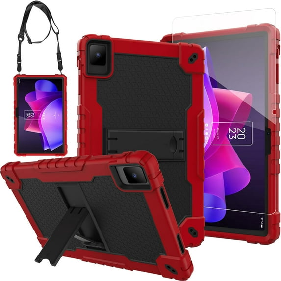 FIEWESEY for TCL NXTPAPER 11 Tablet Case with Tempered Glass Screen Protector, Rugged Armor Stand Cover for TCL NXTPAPER 11 inch 9166G 9466X 2023 Android 13 Tablet with Shoulder Strap (Green+Pink)