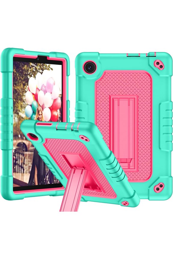 For TCL TAB 8 LE 9137W/For TCL TAB 8 WiFi 9132X Tablet Case Soft Silicone Rubber Had Back Shell Kids Friendly Case Built in Stand Shoulder Strap For TCL TAB 8 LE /TCL TAB 8 WiFi(Green Pink)
