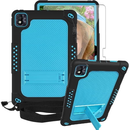 FIEWESEY for TCL Tab 10 5G Tablet Case,Shoulder Strap Soft Silicone&Hard Back Shockproof Kids Friendly Case for TCL Tab 10s 10.1" FHD 9081X/TCL Tab 10 5G 9183W+Screen Protector (Black/Blue,1 Pcs)