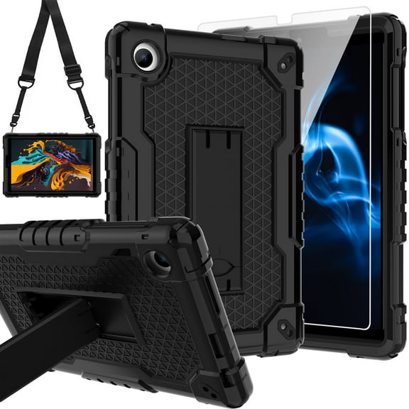 FIEWESEY for TCL Tab 8 LE 9137W Tablet Case,Shoulder Strap Soft Silicone&Hard Back Shockproof Kids Friendly Case for TCL Tab 8 LE 9137W/TCL Tab 8 WiFi 9132X+Screen Protector (Black/Black,1 Pcs)