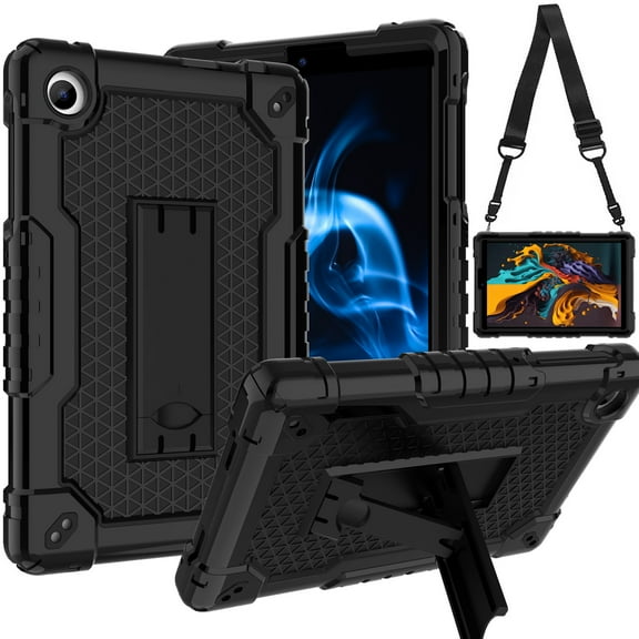 FIEWESEY for TCL Tab 8 V/Tab 8 SE (6048E) Tablet Case Soft Silicone Rubber Heavy Duty Hybrid Had Back Shell Protection Shockproof Kids Friendly with Built in Stand Shoulder Strap (Black+Black)