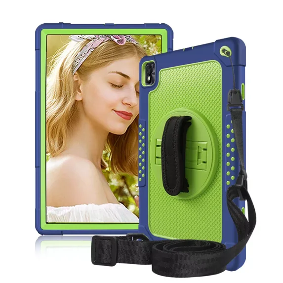 FIEWESEY for TCL Tab Pro 5G Case Built in Rotating Kickstand / Shoulder Strap Hand Strap Hybrid Shockproof Armor Kids Friendly Case for Nokia T20 / Vastking KingPad M10 10.36 inch - 2*Navy+Green