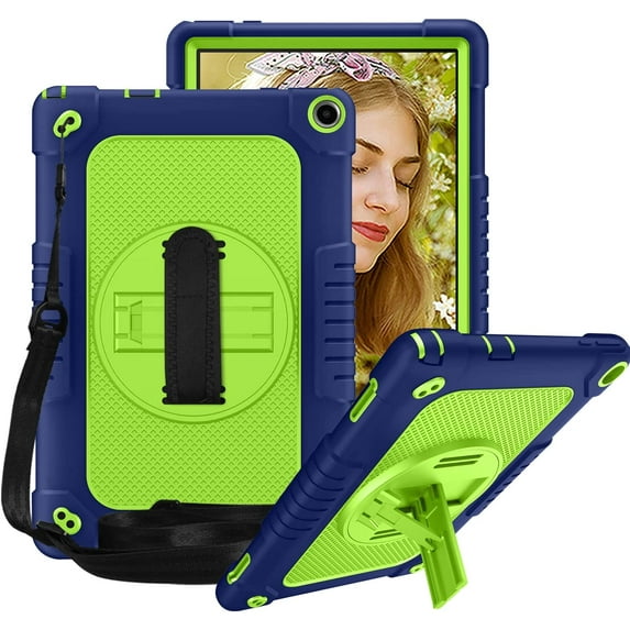 FIEWESEY for Walmart ONN 10.1 Inch Gen 3 2022 Tablet Case(Model:100071485),Kids Adjustable Shoulder Strap Hand Strap Rotatable Stand Shockproof Case for Onn 10.1 Inch 3nd Gen 2022 Tablet(Navy/Green)