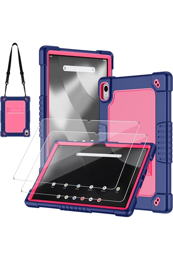 for Walmart Onn 11 inch Tablet Pro 2024 Model Case/Onn 11 inch Tablet Pro (100146660) 2024 Case Kids Friendly with Shoulder Strap Stand 2Pcs Tempered Glass Screen Protector (NavyPink+2Pcs)