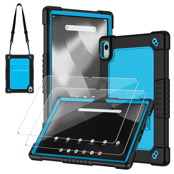 FIEWESEY for Walmart Onn 11 inch Tablet Pro 2024 Model Case/Onn 11 inch Tablet Pro (100146660) 2024 Case Kids Friendly with Shoulder Strap Stand 2Pcs Tempered Glass Screen Protector (BlackBlue+2Pcs)