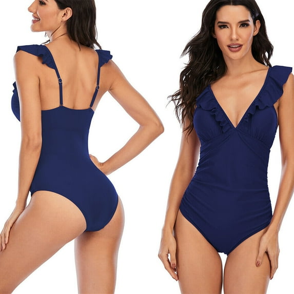 FIEWESEY Women's Ruffle One Piece Swimsuit V Neck Bathing Suits Ladies Sexy Monokini Swimwear (Blue,XL)
