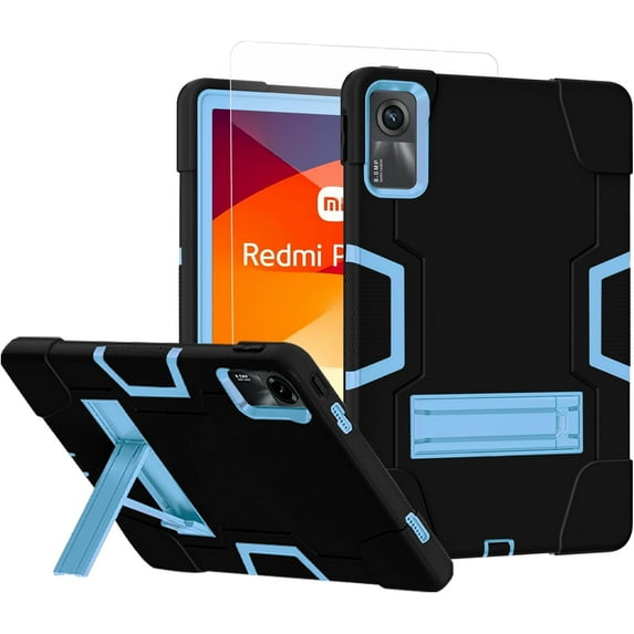 FIEWESEY case Cover for Xiaomi Redmi Pad SE 11 inch, Heavy Duty Shockproof Rugged Protective Case with Tempared Glass for Redmi Pad SE 11 2023 (Black/Blue/1 Pcs)