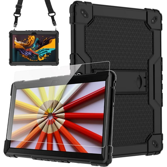 FIEWESEY case for Dragon Touch Notepad K10, MAX10 Plus Case, Built in Stand Shoulder Strap with Screen Protector for FEONAL K118 K101 Veidoo T80 Plus 10.1 inches Tablet (Black/Black/ 1 PC)