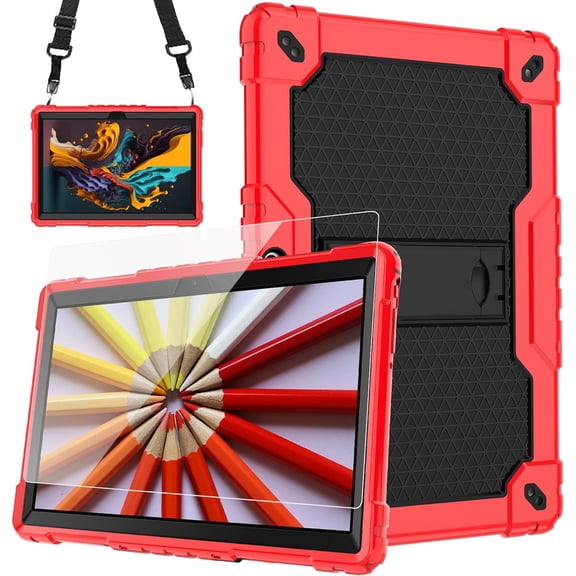 FIEWESEY case for Dragon Touch Notepad K10, MAX10 Plus Case, Built in Stand Shoulder Strap with Screen Protector for FEONAL K118 K101 Veidoo T80 Plus 10.1 inches Tablet (Red/Black/1 PC)