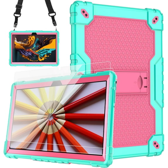 FIEWESEY case for Dragon Touch Notepad K10, MAX10 Plus Case, Built in Stand Shoulder Strap with Screen Protector for FEONAL K118 K101 Veidoo T80 Plus 10.1 inches Tablet (Green/Pink/2 PC)