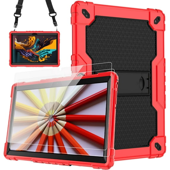 FIEWESEY case for Dragon Touch Notepad K10, MAX10 Plus Case, Built in Stand Shoulder Strap with Screen Protector for FEONAL K118 K101 Veidoo T80 Plus 10.1 inches Tablet (Red/Black/2 PC)