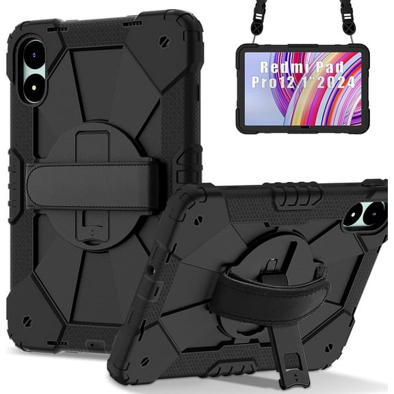 FIEWESEY for Xiaomi Redmi Pad Pro 12.1"/Xiaomi Poco Pad 12.1" Case with with Kickstand/Hand Strap/Rotating/Shoulder Strap (Black/Black)