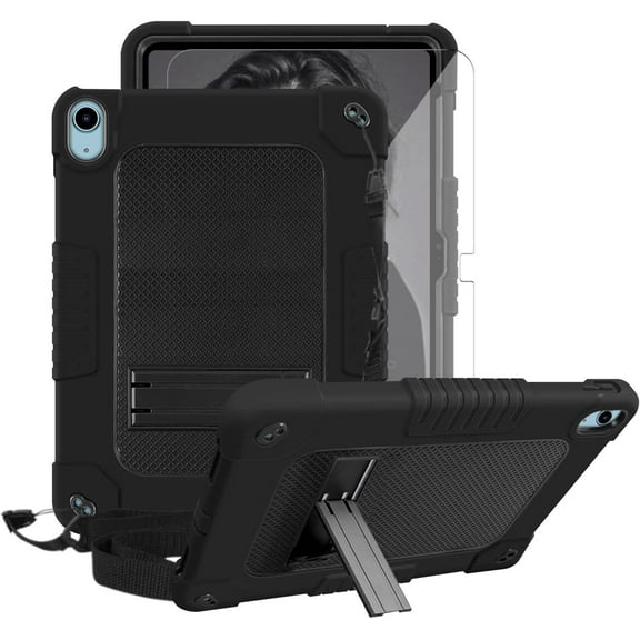 FIEWESEY for iPad 10th Generation 10.9 inch Tablet Case,Shoulder Strap Soft Silicone&Hard Back Shockproof Kids Friendly Case for 10.9 inch iPad 10th Generation+Screen Protector (Black/Black,1 Pcs)